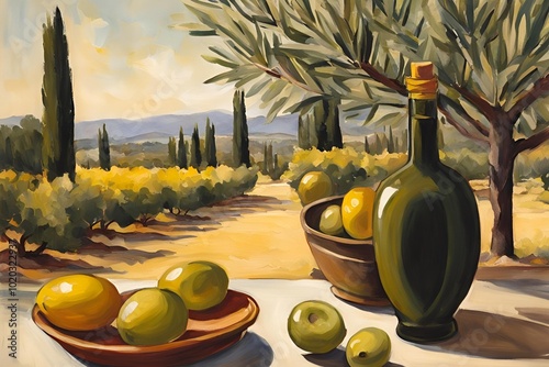 Rustic Olive Oil Bottle and Green Olives in Mediterranean Courtyard Painting, Illustration of an olive oil bottle, green olives, and potted plants in a Mediterranean courtyard setting