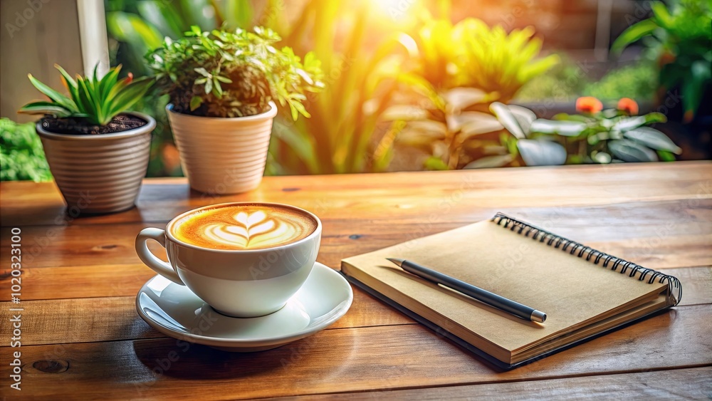 A Warm Morning Ritual Steam Rising from Creamy Latte Beside Blank Notebook and Pencil on a Wooden Table A Warm Morning Ritual Steam Rising from Creamy Latte Beside Blank Notebook and Pencil on a Wooden Table