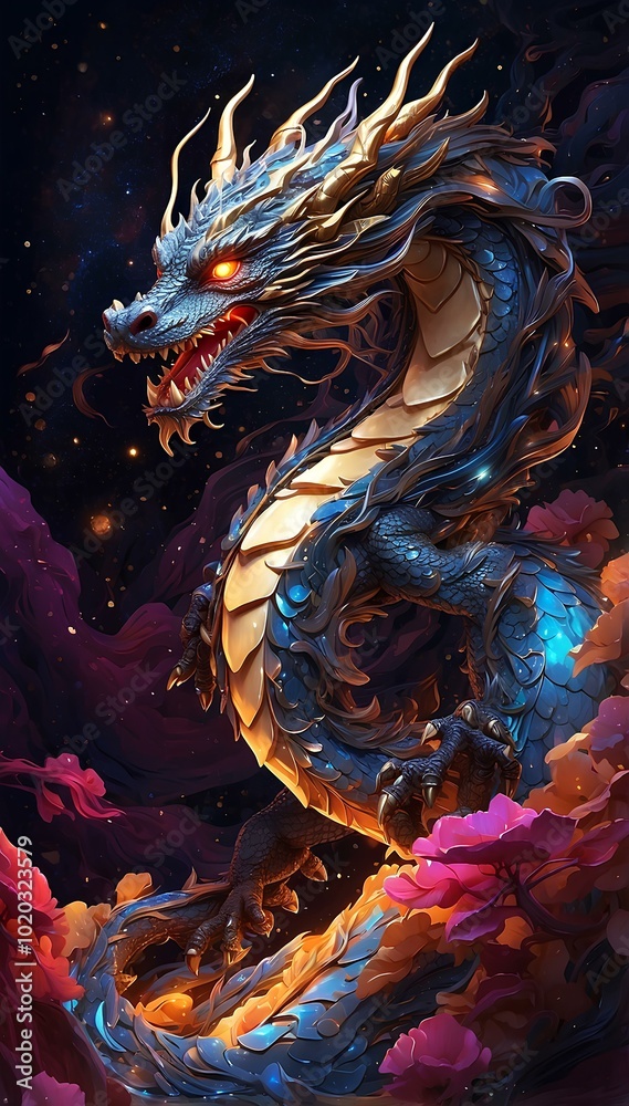 Obraz premium Majestic Chinese Dragon Gliding Through a Cosmic Galaxy - High-Quality Digital Illustration