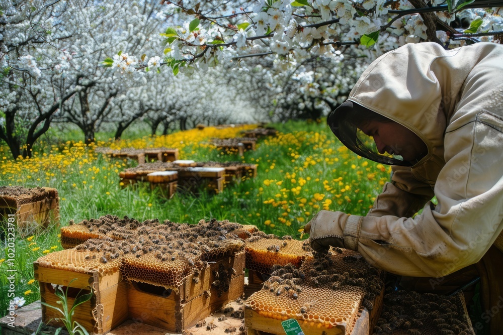 A beekeeper tending to hives in a blooming orchard A beekeeper tending to hives in a blooming orchard
