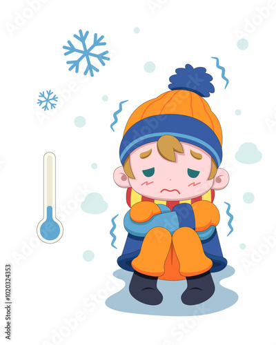 Cute style boy in winter clothes shivering cartoon illustration