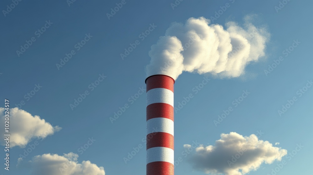 Smokestack with red and white bands, heavy smoke cloud expanding, blue sky background, concept of pollution Smokestack with red and white bands, heavy smoke cloud expanding, blue sky background, concept of pollution