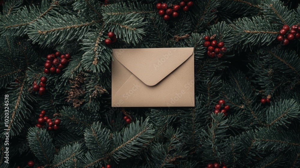 Festive christmas overhead view of blank card and envelope surrounded by fresh green fir branches and red berries, perfect for holiday greetings, invitations, and seasonal celebrations Festive christmas overhead view of blank card and envelope surrounded by fresh green fir branches and red berries, perfect for holiday greetings, invitations, and seasonal celebrations