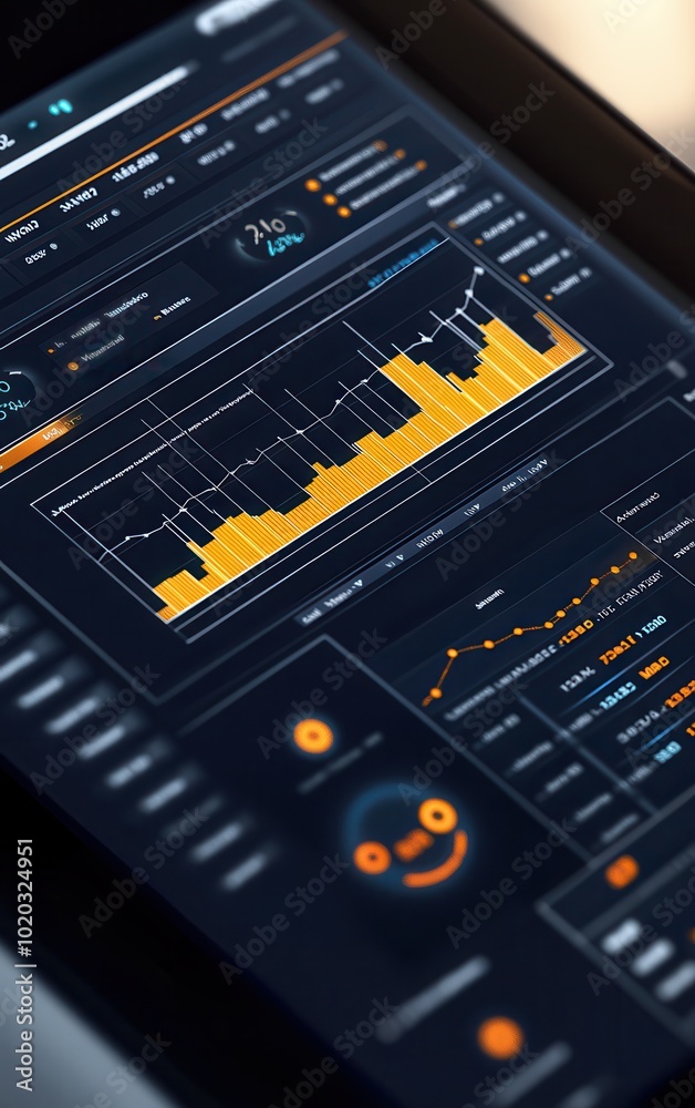 Data analysis interface on tablet, black and orange design. Data analysis interface on tablet, black and orange design.