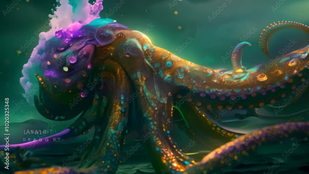 An otherworldly octopus with iridescent skin and golden tentacles swims through the dark depths of the ocean, An otherworldly creature with tentacles and iridescent scales, gliding gracefully An otherworldly octopus with iridescent skin and golden tentacles swims through the dark depths of the ocean, An otherworldly creature with tentacles and iridescent scales, gliding gracefully