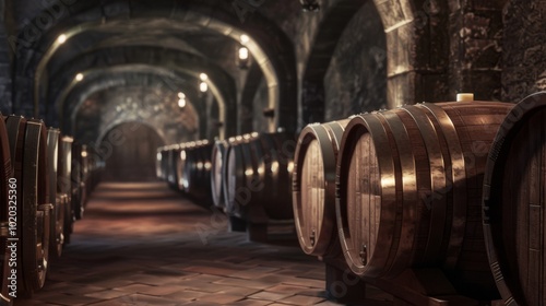 Wine Cellar with Rows of Wooden Barrels