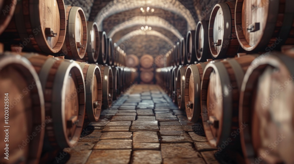Rows of Wine Barrels in a Traditional Cellar Rows of Wine Barrels in a Traditional Cellar