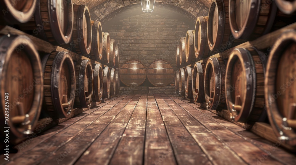 A Rustic Wine Cellar with Wooden Barrels and Stone Walls A Rustic Wine Cellar with Wooden Barrels and Stone Walls