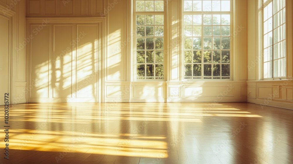 Fototapeta premium Spacious empty room filled with sunlight, reflections on the floor creating a beautiful interplay of light
