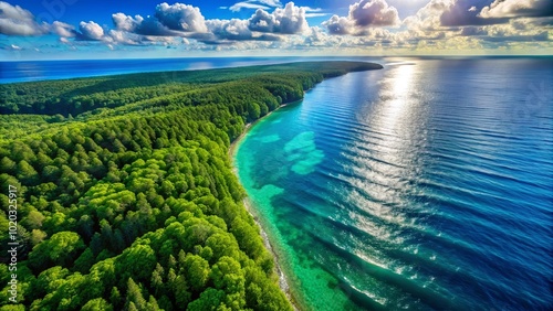 A verdant coastline with an expanse of azure waters, a glistening reflection of sunlight on the surface, and a backdrop of fluffy clouds in a brilliant blue sky.