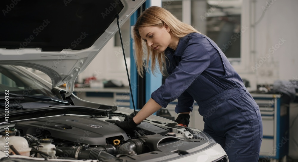 Professional Female Mechanic Repairing Car Engine in Auto Workshop Professional Female Mechanic Repairing Car Engine in Auto Workshop