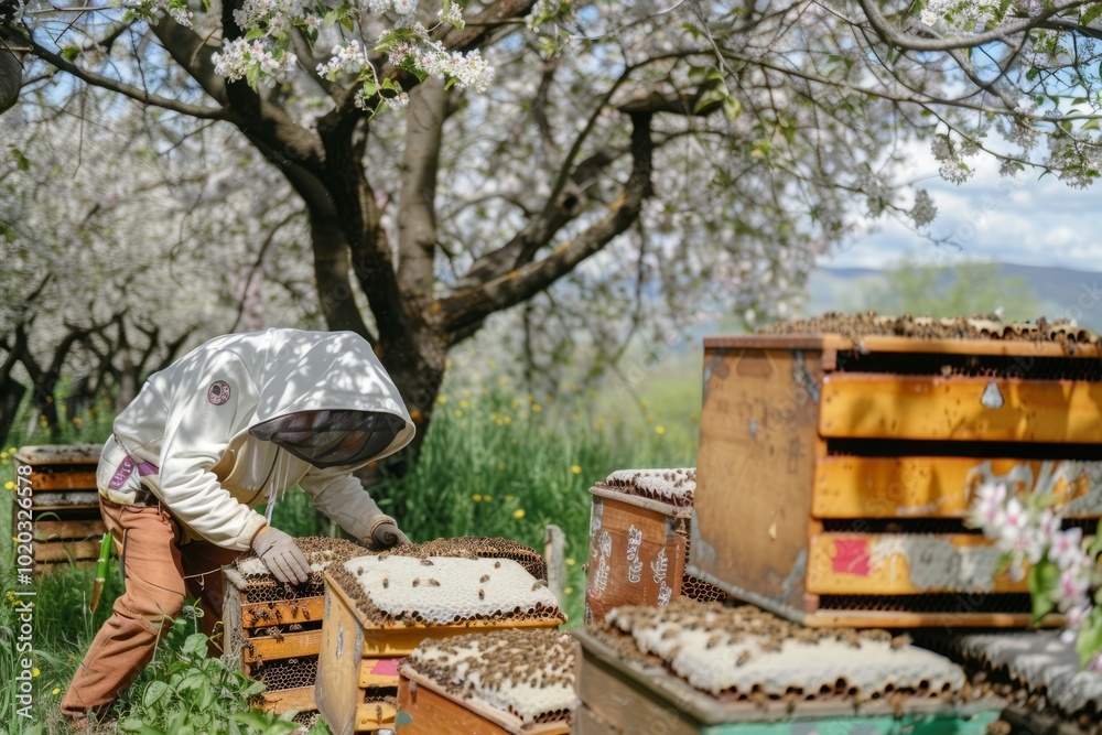 A beekeeper tending to hives in a blooming orchard A beekeeper tending to hives in a blooming orchard