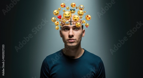 Man with a Halo of Emojis Illustrating Diverse Emotions and Social Media Influence