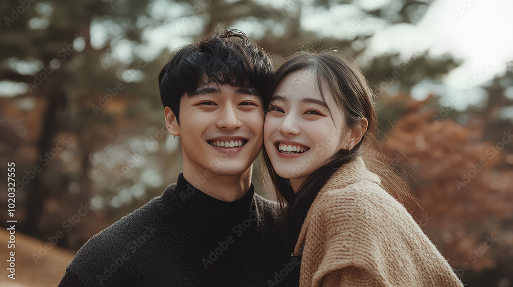 A close-up portrait of a young couple, both smiling, captured in a natural setting. A close-up portrait of a young couple, both smiling, captured in a natural setting.