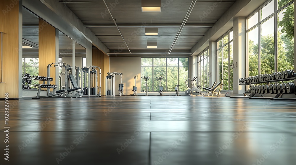 Bright and spacious modern gym with polished surfaces, sleek equipment neatly arranged, open view of multiple workout areas, natural light streaming through large windows, minimalist design, Bright and spacious modern gym with polished surfaces, sleek equipment neatly arranged, open view of multiple workout areas, natural light streaming through large windows, minimalist design,