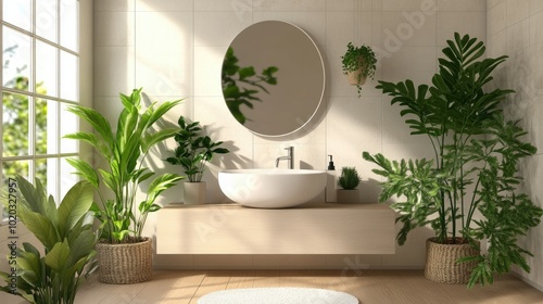Stylish bathroom with white and beige walls, a modern white basin, an oval mirror, and green plants