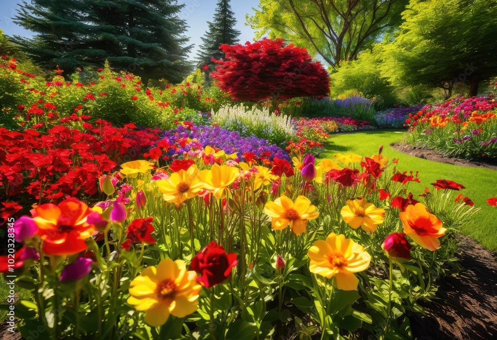 vibrant flower beds blooming array colorful harmony featuring rich blooms lush greenery under bright sunlight, abundance, aesthetics, arrangement, backdrop vibrant flower beds blooming array colorful harmony featuring rich blooms lush greenery under bright sunlight, abundance, aesthetics, arrangement, backdrop