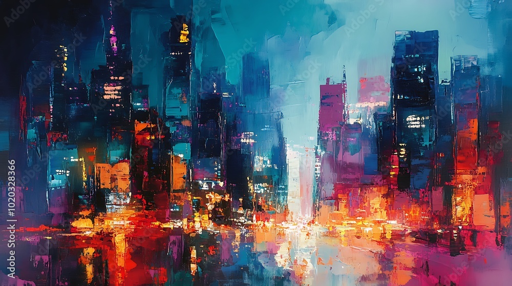 Fototapeta premium Abstract Painting of a Cityscape at Night with Vivid Colors and Brushstrokes