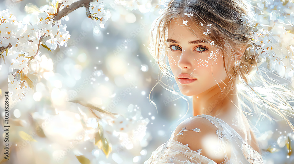 A young woman surrounded by delicate cherry blossoms in soft focus. A young woman surrounded by delicate cherry blossoms in soft focus.