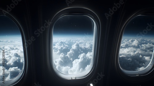 A cinematic shot of the window view from inside an airplane