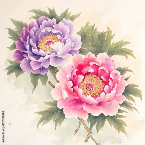 Delicate Watercolor Peonies Painting with Vibrant Pink Petals and Blue Leaves in Chinese Brush Style