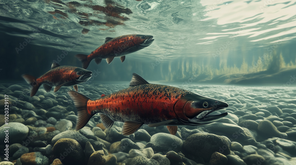 Photorealistic group of salmon swimming upstream in a clear river with rocky bottom
Photorealistic group of salmon swimming upstream in a clear river with rocky bottom