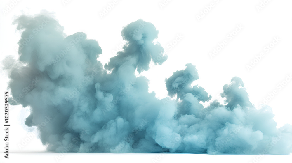 An abstract image featuring a blue smoke cloud isolated against a white background. An abstract image featuring a blue smoke cloud isolated against a white background.