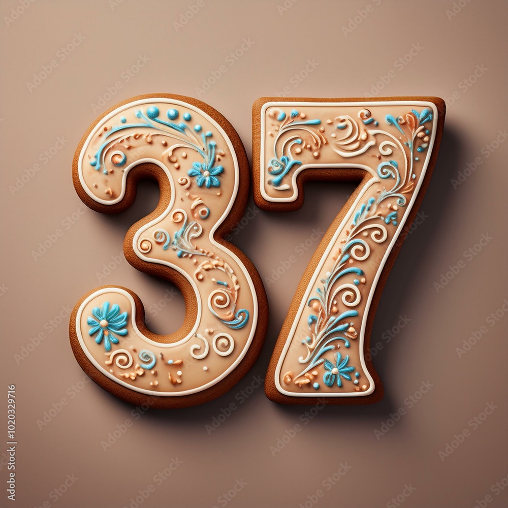 Decorated cookie, number 37, illustration for birthday or anniversary celebration Decorated cookie, number 37, illustration for birthday or anniversary celebration