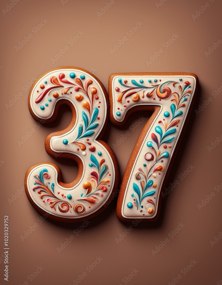 Decorated cookie, number 37, illustration for birthday or anniversary celebration Decorated cookie, number 37, illustration for birthday or anniversary celebration