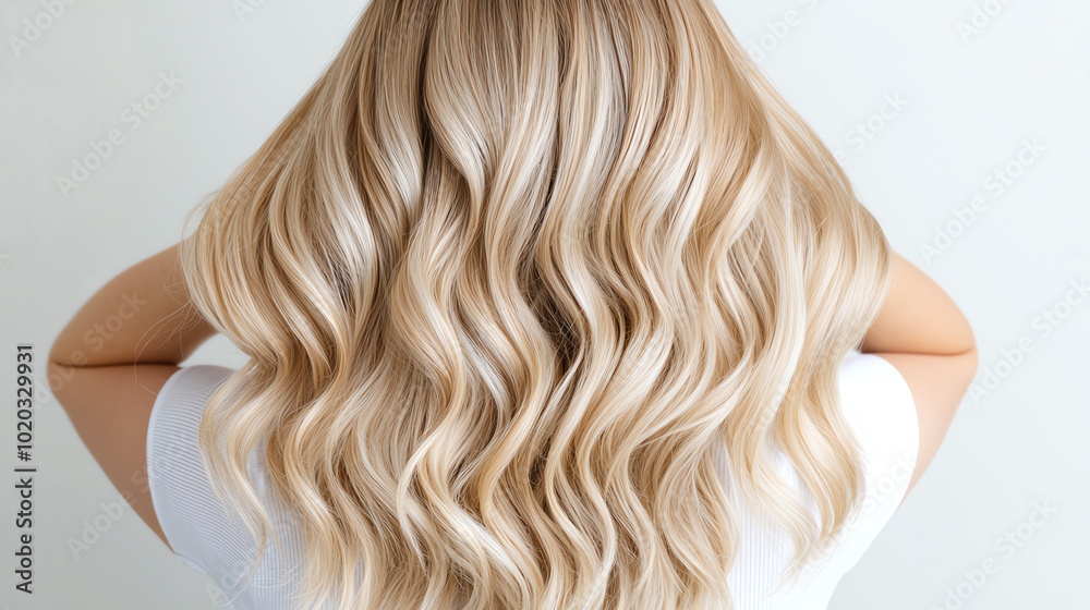 Naklejka premium Long, wavy blonde hair styled elegantly, with a soft background.