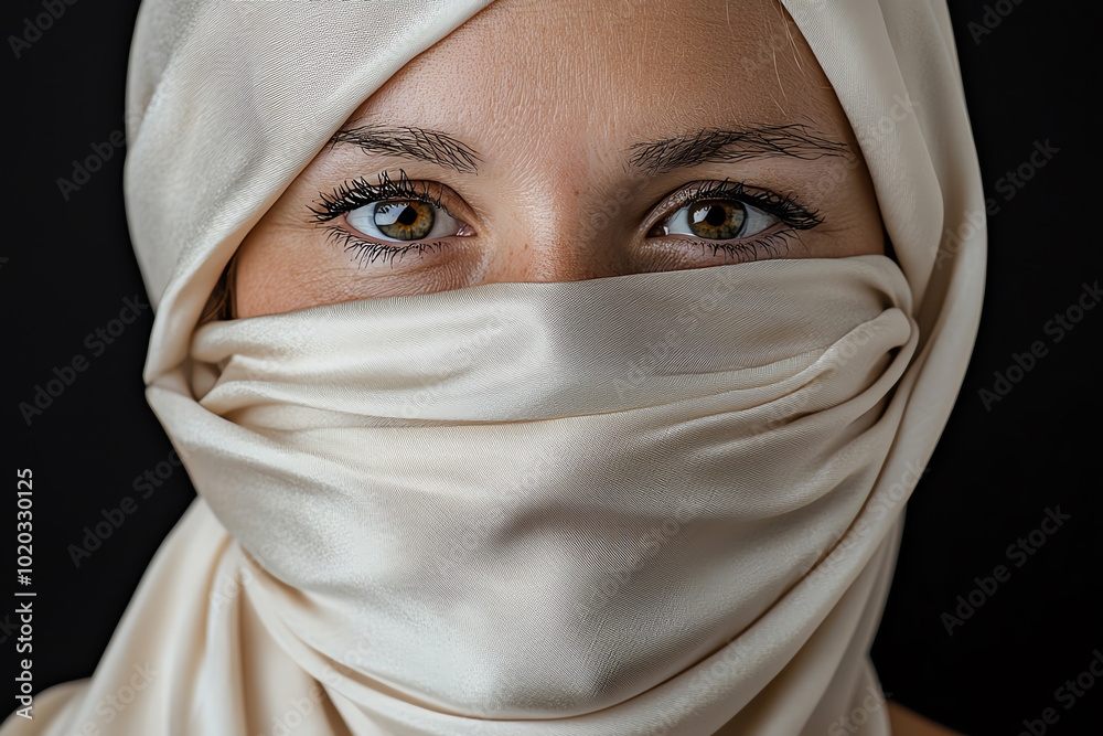 Portrait of a woman with a headscarf, showcasing her expressive eyes. Portrait of a woman with a headscarf, showcasing her expressive eyes.
