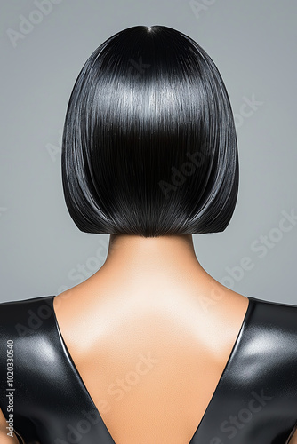 Stylish black bob haircut on a mannequin against a plain background. photo