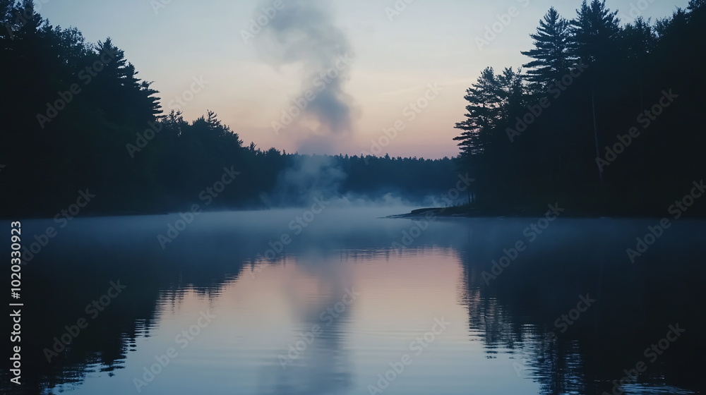 A serene lakeside scene at dusk as smoke drifts over the calm waters. A serene lakeside scene at dusk as smoke drifts over the calm waters.