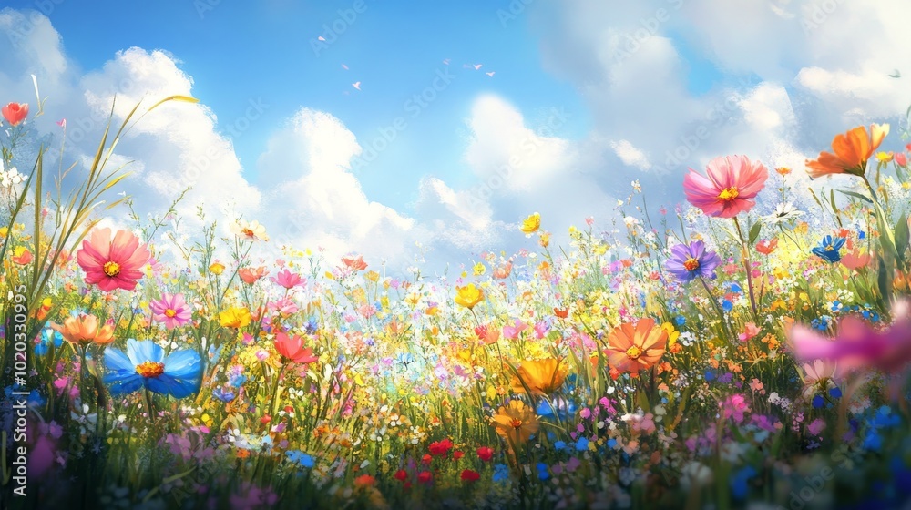 A Vibrant Field of Wildflowers Under a Blue Sky with Fluffy Clouds