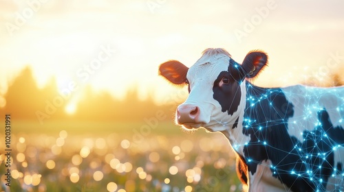Close-up of a dairy cow overlaid with digital data points, symbolizing the intersection of technology and agriculture. Concept of smart farming.
