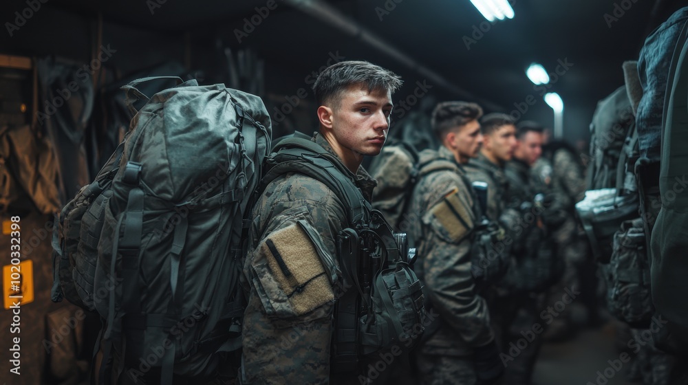 Fototapeta premium Soldiers Preparing for Deployment with Gear