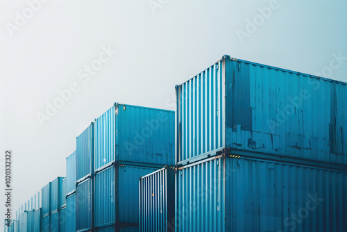 Stacked Blue Shipping Containers Against Clear Sky. A detailed view of stacked blue shipping containers under a clear sky, highlighting industrial architecture and global trade logistics.