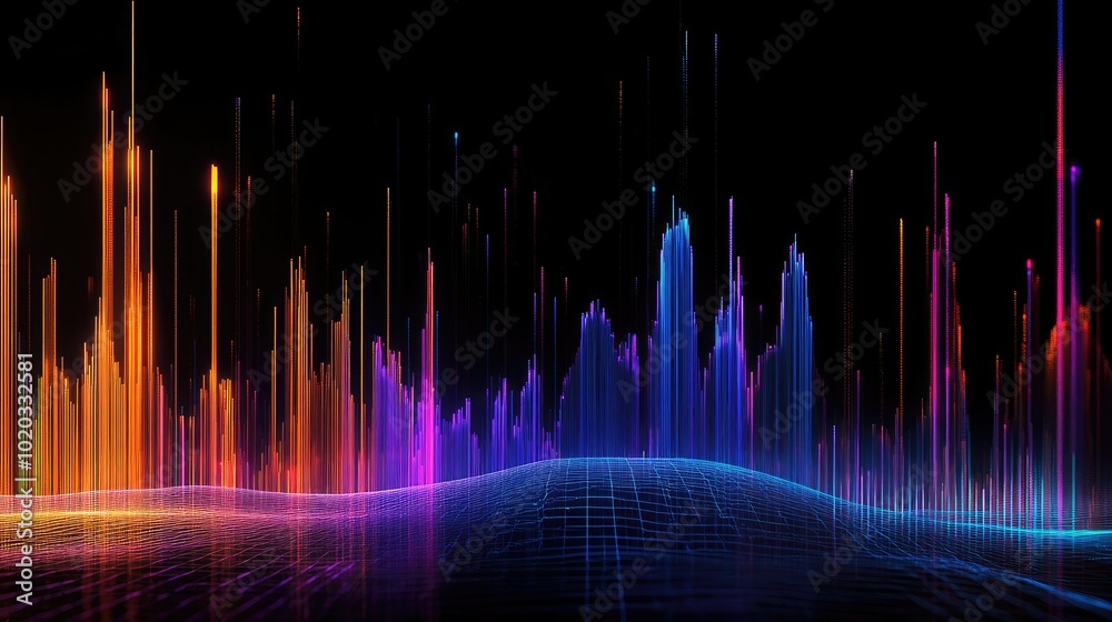 Vibrant upward-trending stock graph, glowing blue, purple, and orange lines, dark black background Vibrant upward-trending stock graph, glowing blue, purple, and orange lines, dark black background