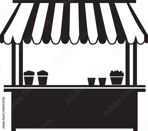 market stand stall with striped awning clean simple icon silhouette black