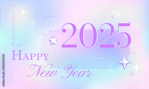 2025 New Year hologram banner. Neon gradient background, bubble chrome 3d stars, cosmic greeting Christmas flyer design. Futuristic aesthetics, future y3k contemporary art.