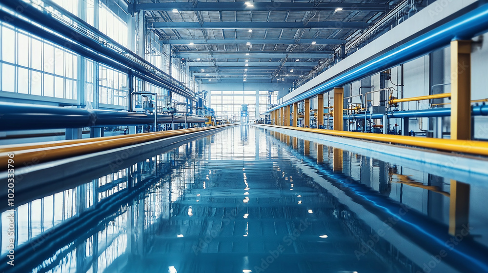 Obraz premium Modern water management systems in factory showcase advanced technology and efficient design. blue pipes and clear water reflect commitment to sustainability and innovation