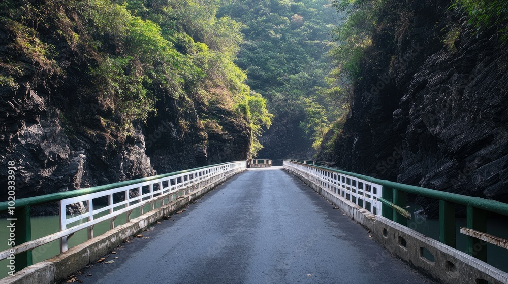 Fototapeta premium White metal guardrail bridge with a green road, surrounded by black rock walls along the riverbanks, scenic view