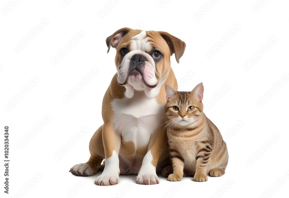 A young bulldog and a cat sitting together, both looking at the camera with friendly expressions A young bulldog and a cat sitting together, both looking at the camera with friendly expressions
