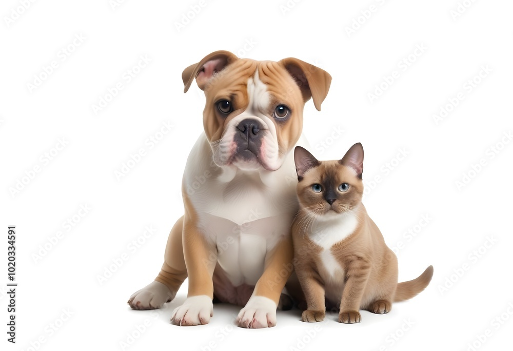 A young bulldog and a cat sitting together, both looking at the camera with friendly expressions A young bulldog and a cat sitting together, both looking at the camera with friendly expressions