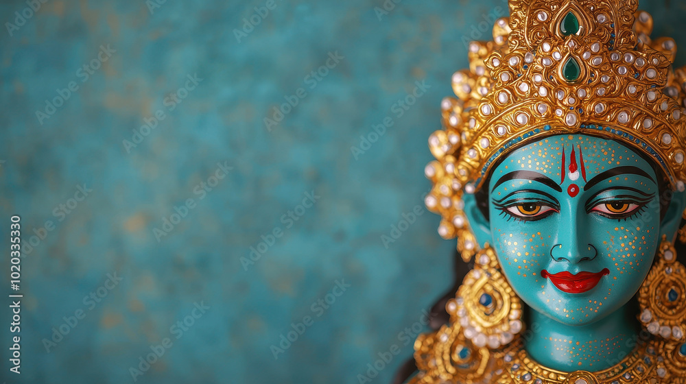 beautifully decorated idol of Goddess Durga, showcasing intricate details and vibrant colors against textured turquoise background. idol radiates sense of devotion and artistry beautifully decorated idol of Goddess Durga, showcasing intricate details and vibrant colors against textured turquoise background. idol radiates sense of devotion and artistry