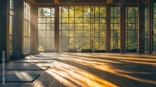 Yoga studio with panoramic windows, mats neatly arranged, and soft sunlight casting calming shadows