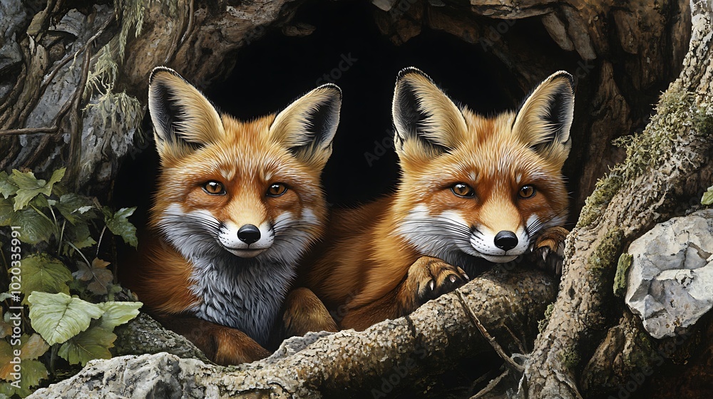 Fototapeta premium Two foxes resting in a cozy den, showcasing their vibrant fur and curious expressions.