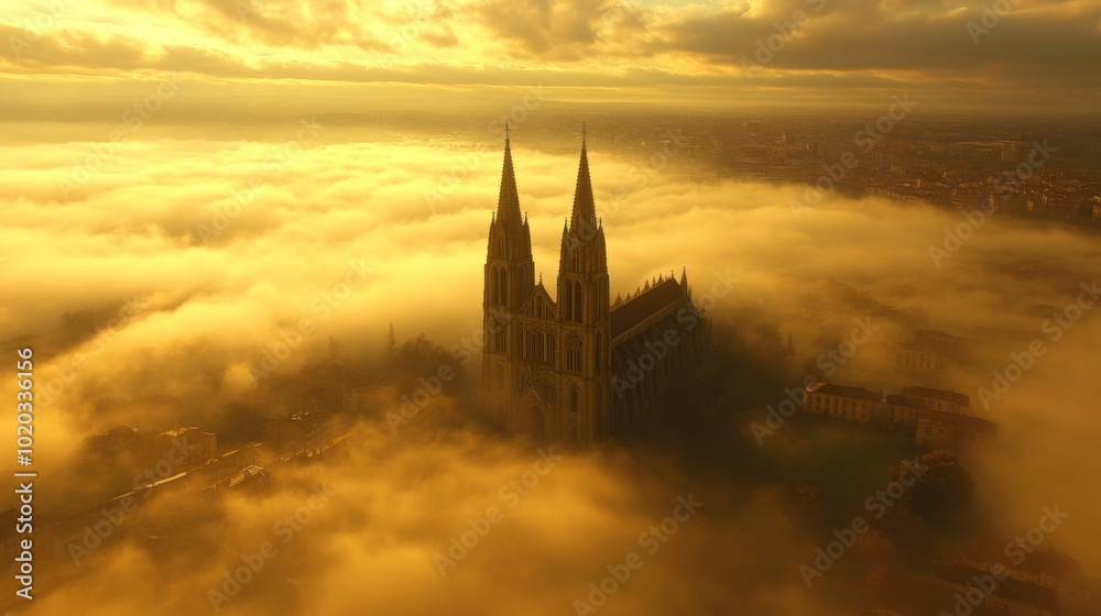 Fototapeta premium Church Towering Above a City Enveloped in Fog at Sunset