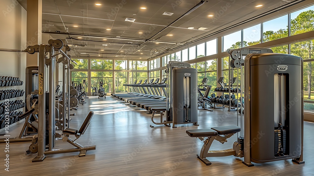 Fototapeta premium Expansive gym area, wide-angle view showcasing a variety of fitness machines, large open spaces between workout stations, soft natural light from large windows, polished flooring, high ceilings,