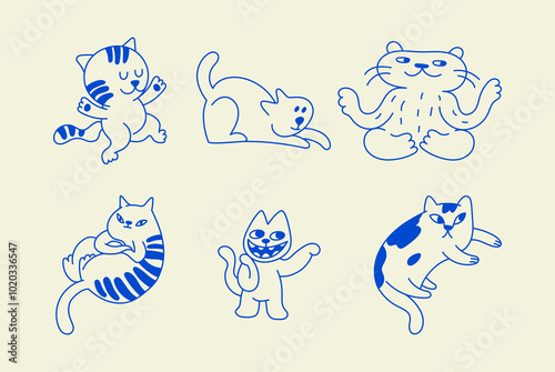 Funny pets, dogs and cats, vector illustration in trendy flat simple linear style, funny mascot and cartoon character, friendly sticker and badge for advertising, social media

